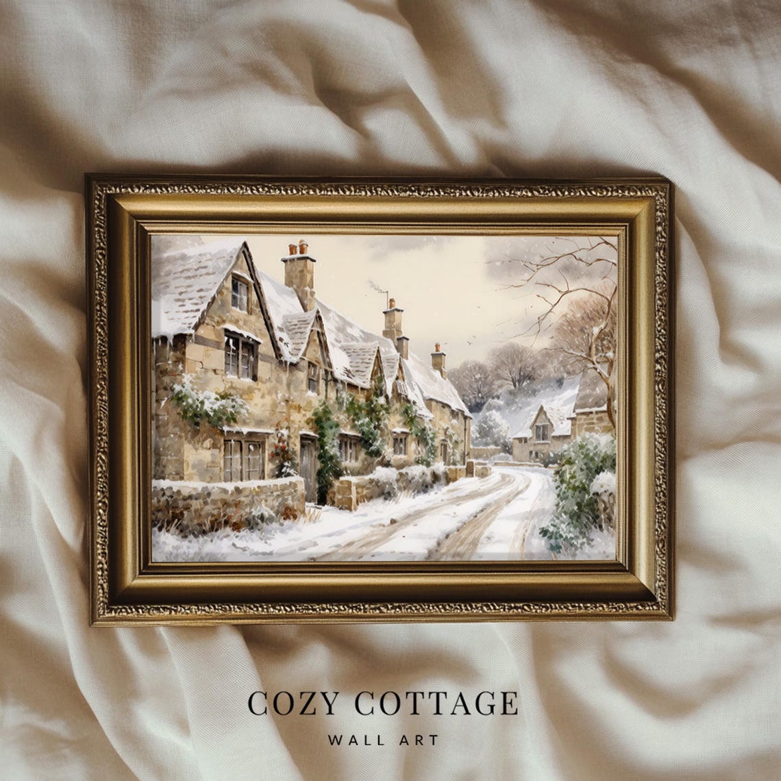 English Cottages In The Snow, Vintage Painting Art Print - Image 3