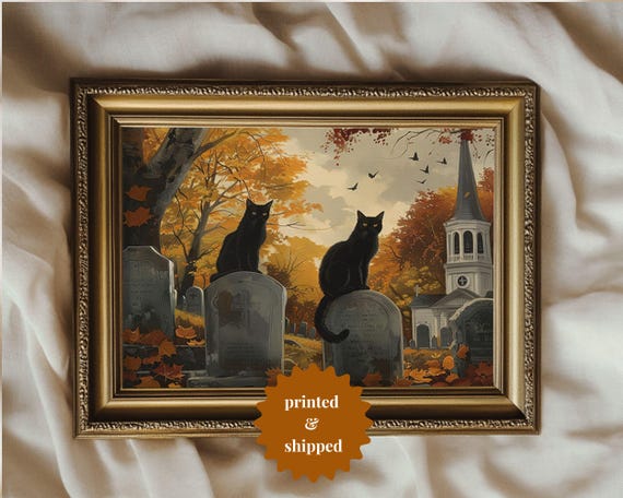 Black Cats Graveyard Vintage Halloween Art Print