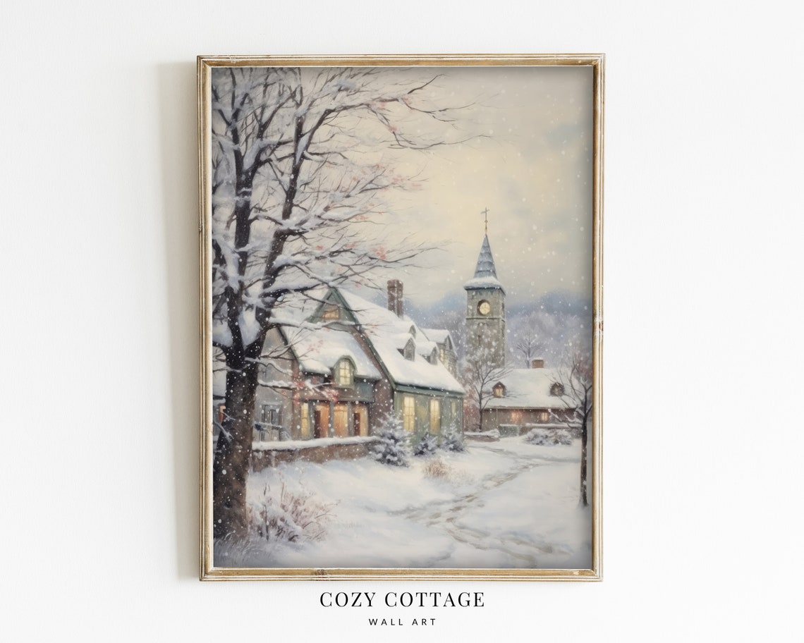 Cozy Town In Winter Vintage Style Painting, Art Print