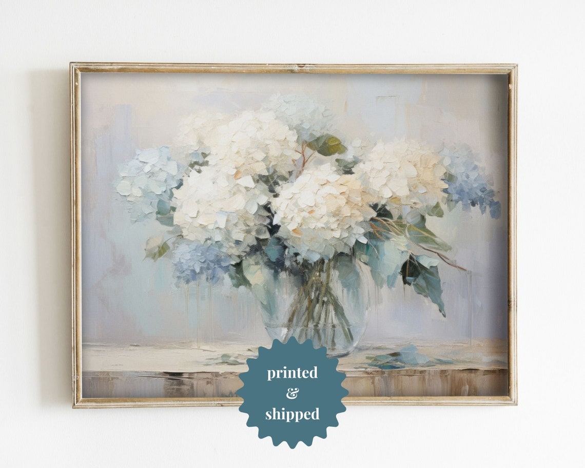 Vintage Hydrangea Still Life, Cottage Decor Art Print