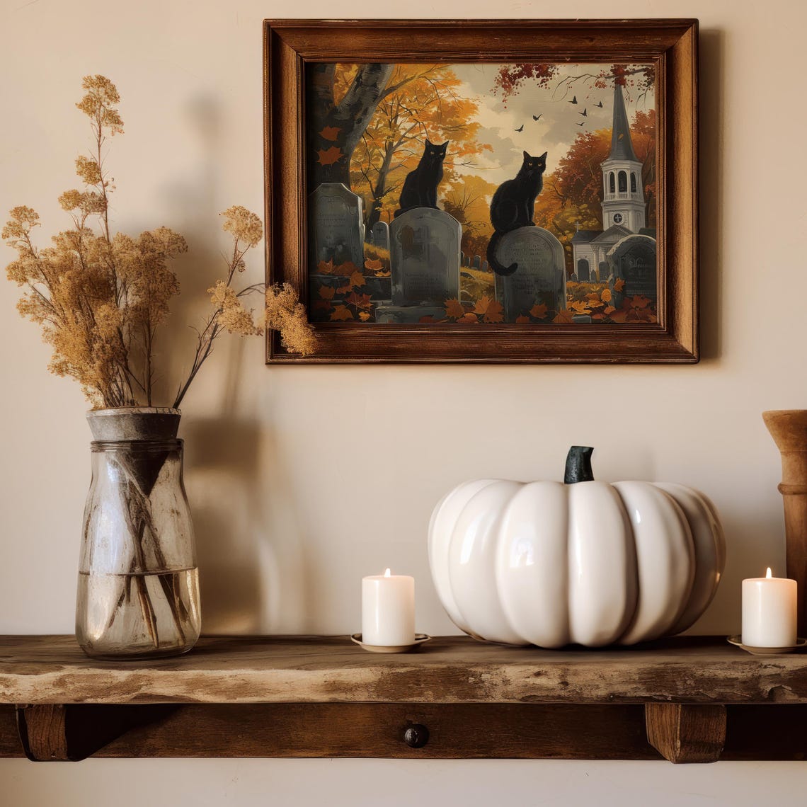 Black Cats Graveyard Vintage Halloween Art Print - Image 2