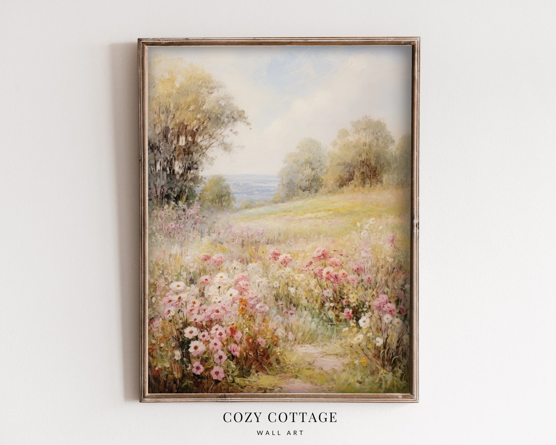 Flower Meadow Vintage-Style Art Print, Spring Decor