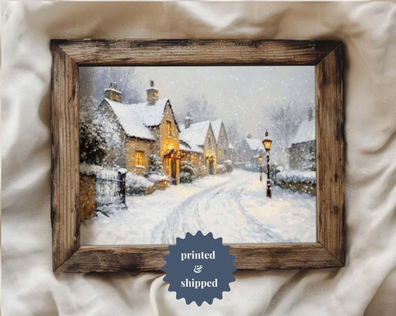 English Cottages Winter Painting, Vintage Style Art Print