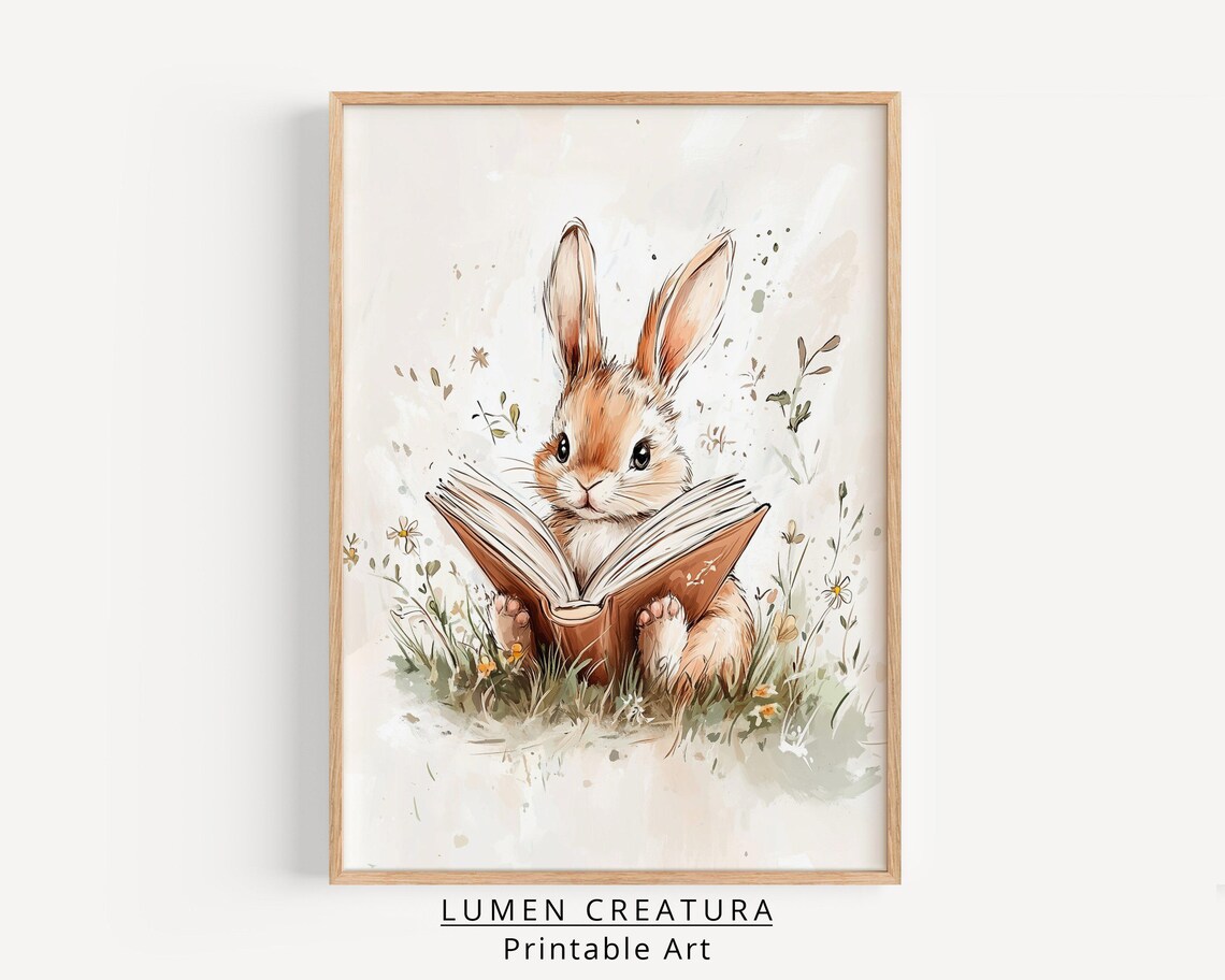 Cute Rabbit Bunny, Rustic Spring Oil Painting