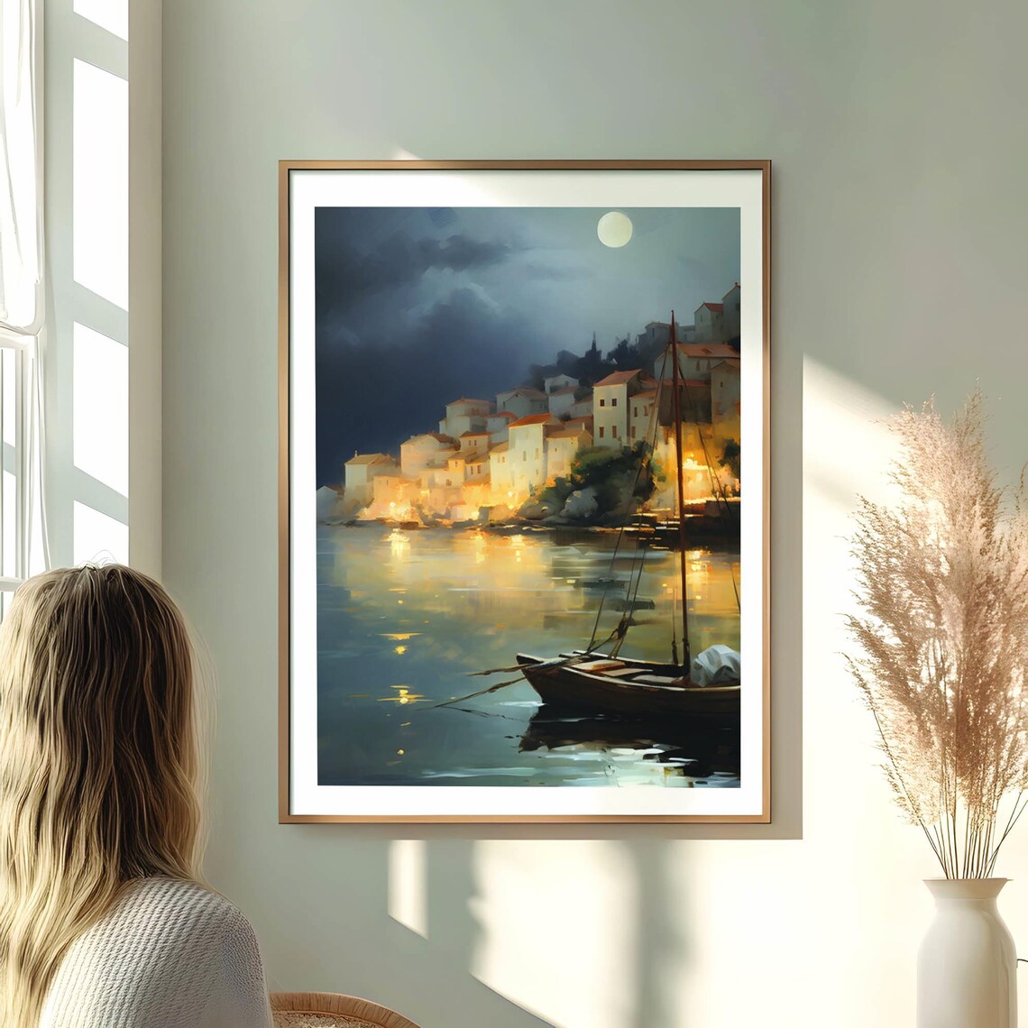 Moonlit Coastal Town, Serene Nightscape Art Print - Image 4