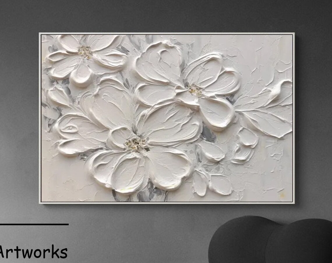 White 3D Flowers On White Textured Wabi Sabi Floral Art Poster