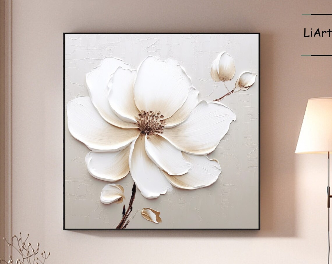 Large Flower Texture Oil Painting On White 3d Palette Knife Painting White Beige Flower Art Flower Acrylic Painting Floral Wall Decor