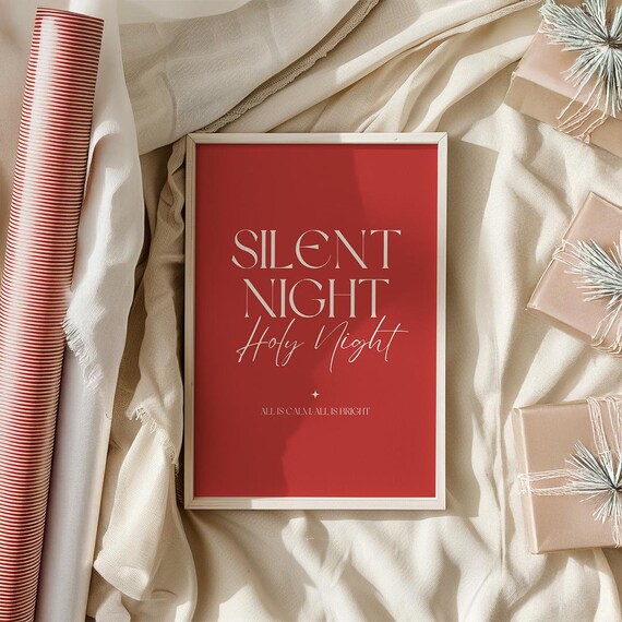 Silent Night Holy Night Lyrics Bold Red Christmas Quote Poster