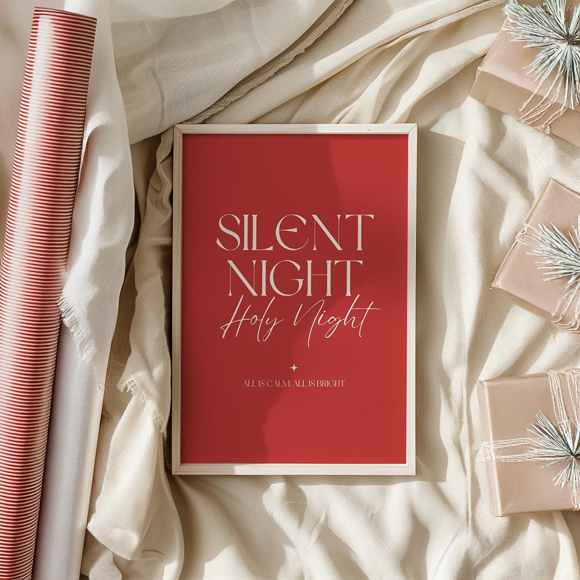 Silent Night Holy Night Lyrics Bold Red Christmas Quote Poster