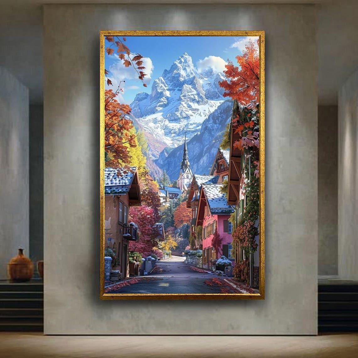 Alpine Mountain Village With Church Beneath Snowy Peaks Poster