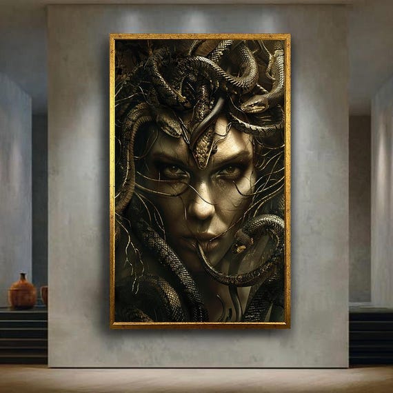 Golden Medusa Canvas Wall Art Print Mystical Fantasy Greek Mythology Decor For Gothic Bedroom Or Dark Elegant Home Interiors