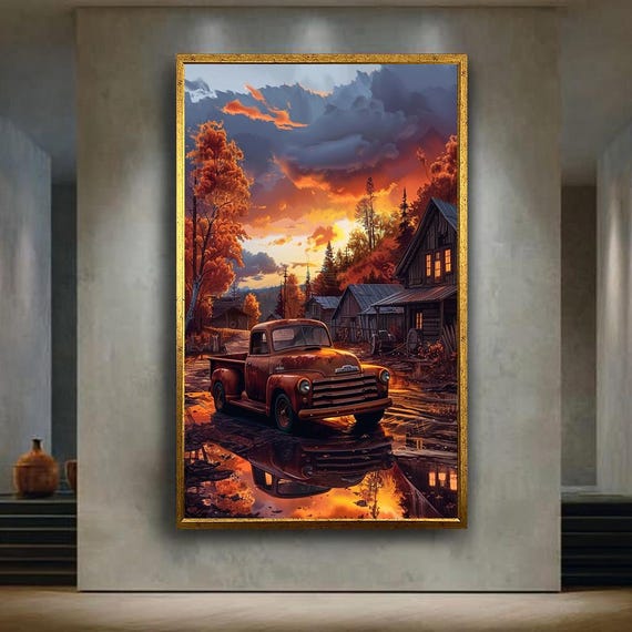 Rustic Autumn Sunset Vintage Truck Canvas Wall Art Farmhouse Country Landscape Painting For Living Room Or Cabin Decor