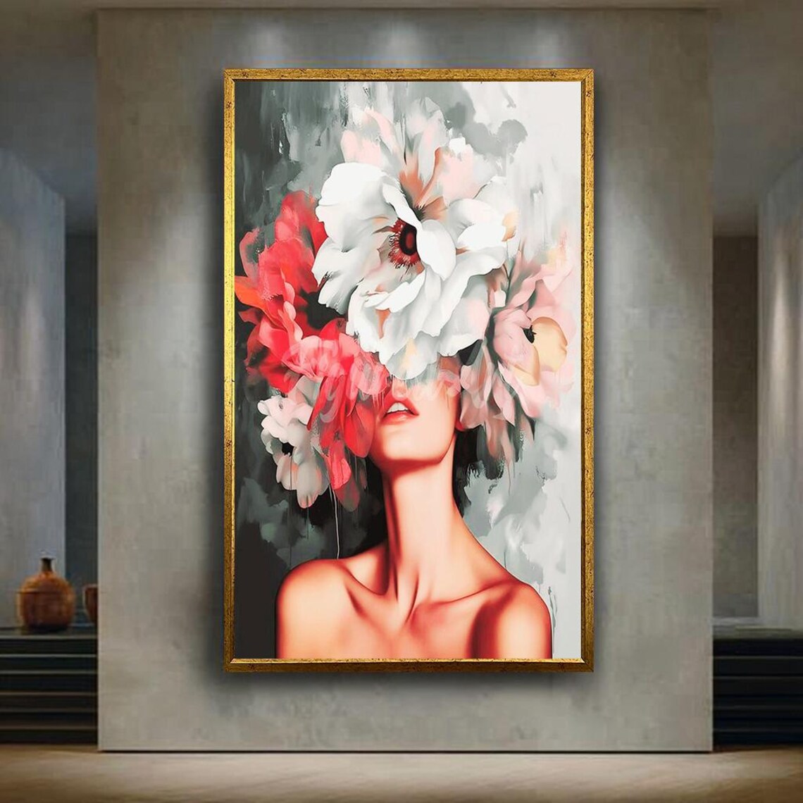 Elegant Woman Face Hidden Behind Giant Blooms Floral Portrait Poster