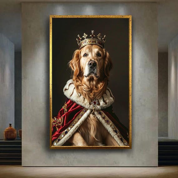 Royal Dog Canvas Wall Art Noble Golden Retriever Portrait In Crown And Cape Funny Pet Royalty Print For Regal Animal Lovers Decor