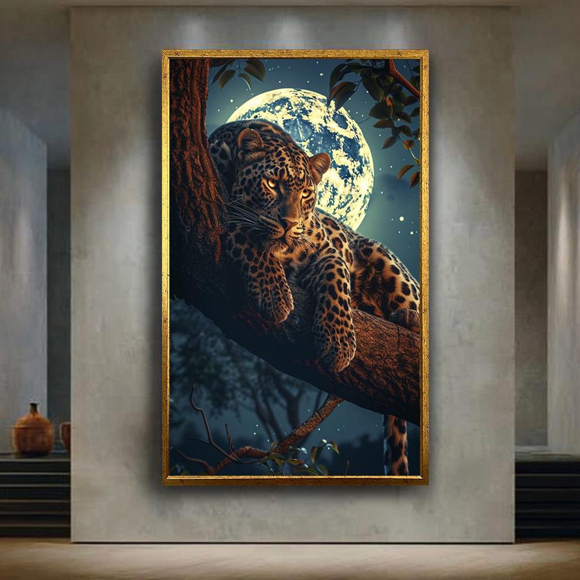 Leopard Canvas Wall Art Print With Full Moon Mystical Jungle Animal Artwork For Bedroom Or Office Big Cat Nocturnal Nature Decor