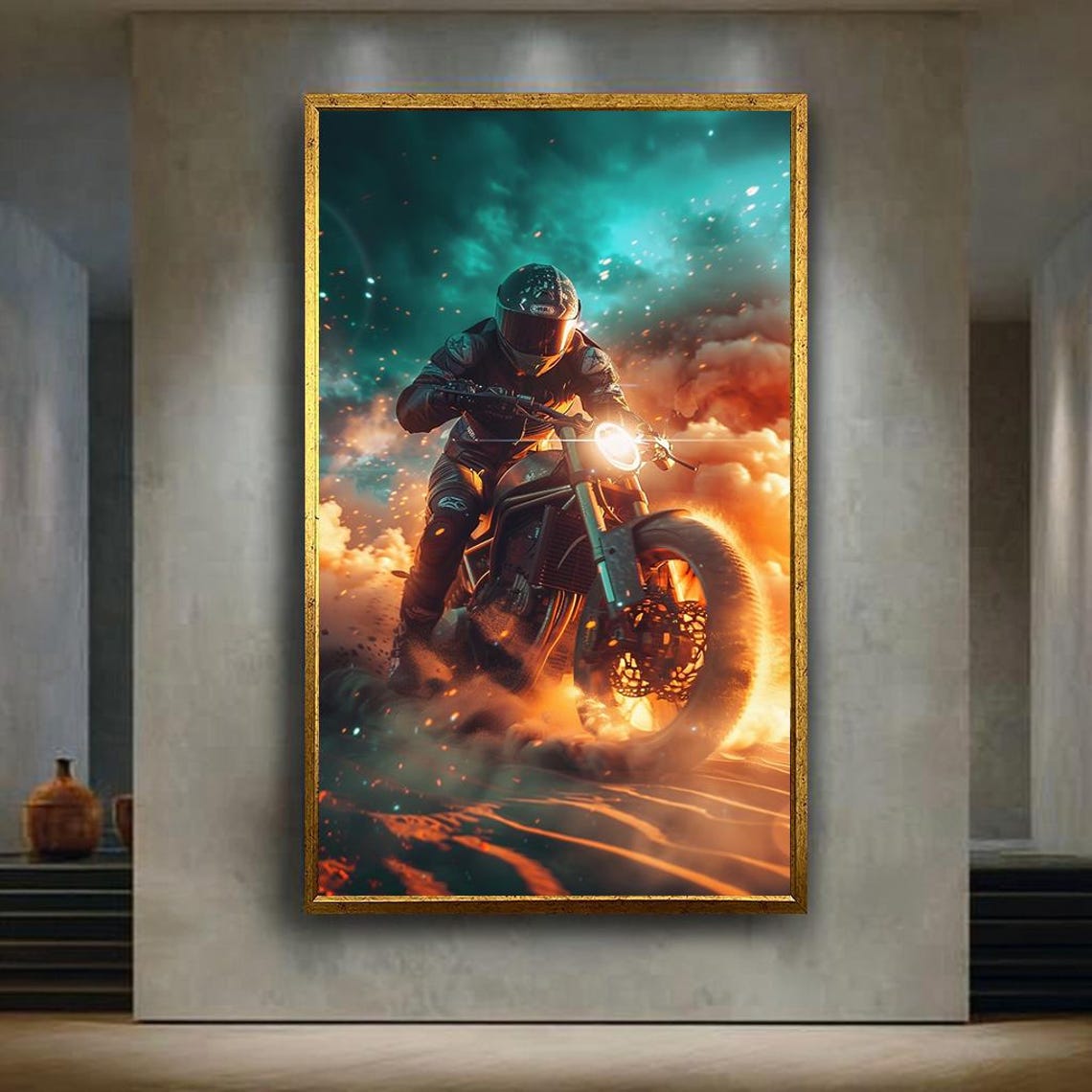 Motorcycle Rider Charging Through Fire Cinematic Action Art Poster