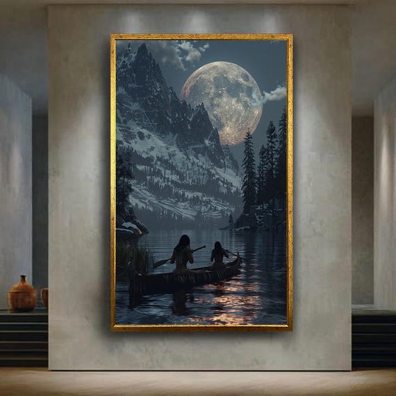 Moonlit Canoe Adventure Canvas Wall Art Scenic Mountain Lake Under Full Moon Peaceful Nature Landscape Print For Rustic Home Decor