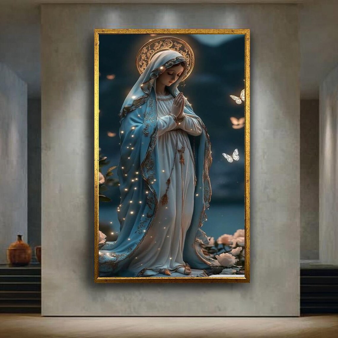 Virgin Mary Praying Blue Mantle Butterflies Night Sky Art Poster