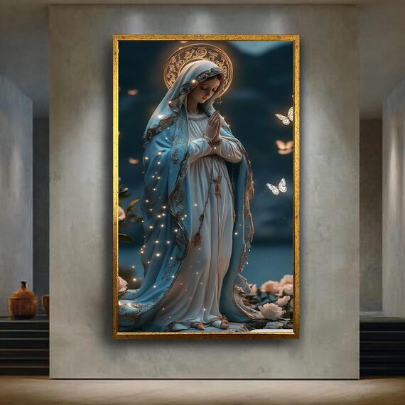 Virgin Mary Praying Blue Mantle Butterflies Night Sky Art Poster