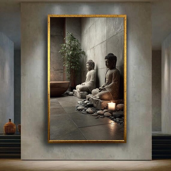 Zen Buddha Meditation Canvas Print Minimalist Wall Art With Candles Stones And Bamboo For Spa Room Yoga Studio Or Peaceful Home Decor