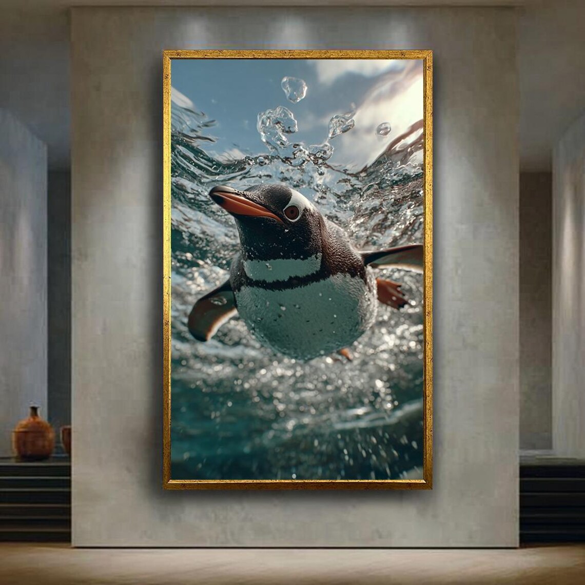 Penguin Swimming Underwater Splashing Waves Ocean Wildlife Photo Poster