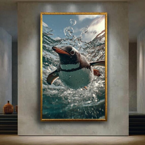 Penguin Swimming Underwater Splashing Waves Ocean Wildlife Photo Poster