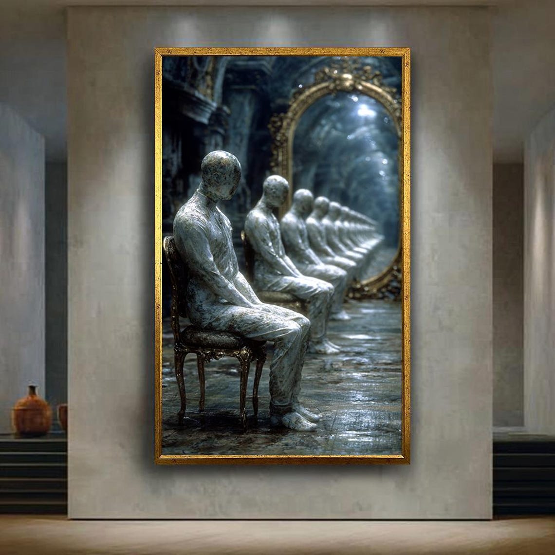Surreal Marble Statue Wall Art Repeating Figures In Mirror Room Print Conceptual Gothic Fantasy Poster For Dark Home Decor