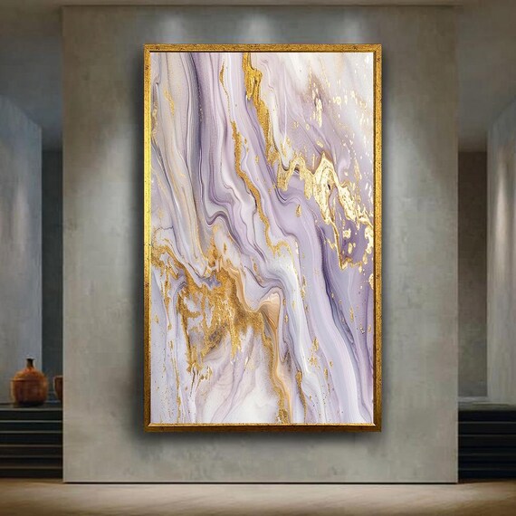 Abstract Purple White And Gold Marble Canvas Wall Art With Fluid Painting Texture Modern Luxury Minimalist Home Decoration