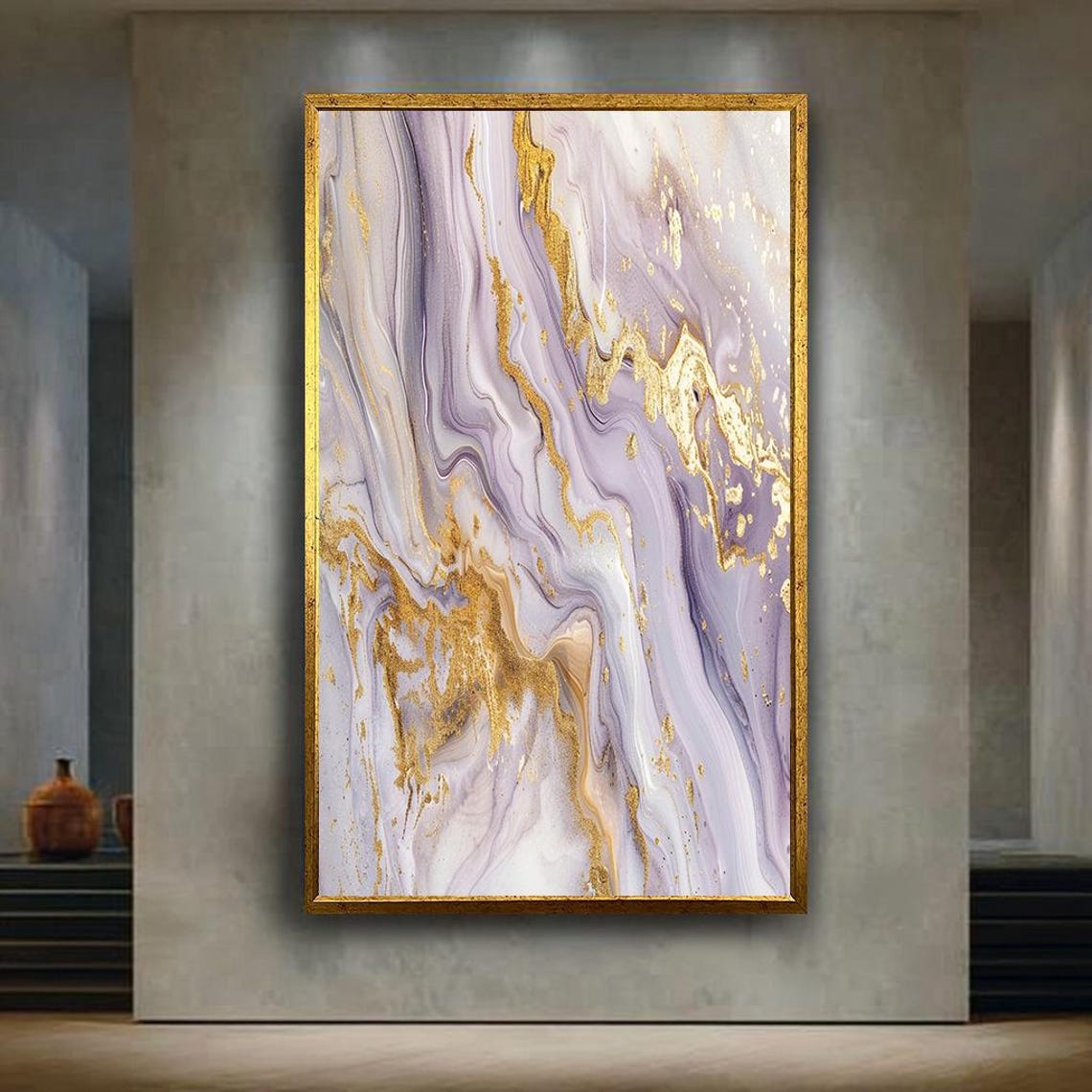 Purple White Gold Marble Fluid Abstract Dreamy Elegant Wall Art