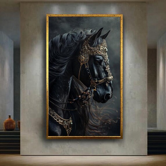 Royal Black Horse Wall Art Fantasy Canvas Print Baroque Gold Armor Animal Poster For Elegant Home Decor Or Gothic