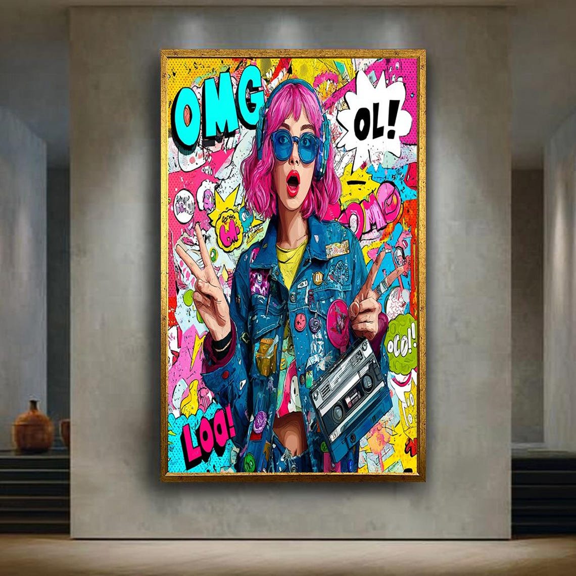 Pop Art Girl Pink Hair Boombox Retro Comic Style Bold Wall Art