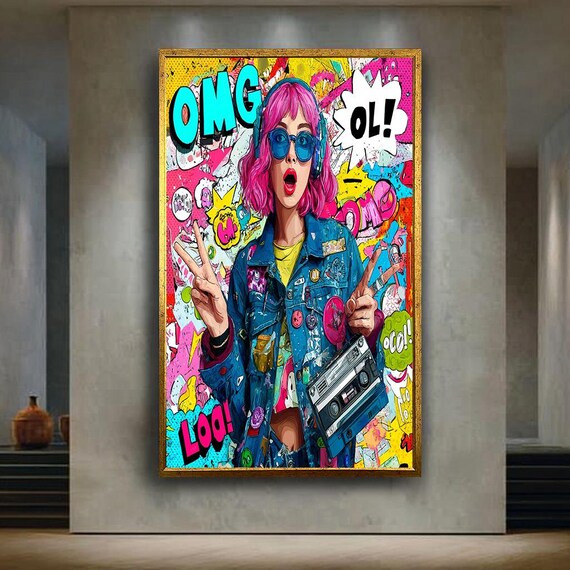 Pop Art Girl Pink Hair Boombox Retro Comic Style Bold Wall Art