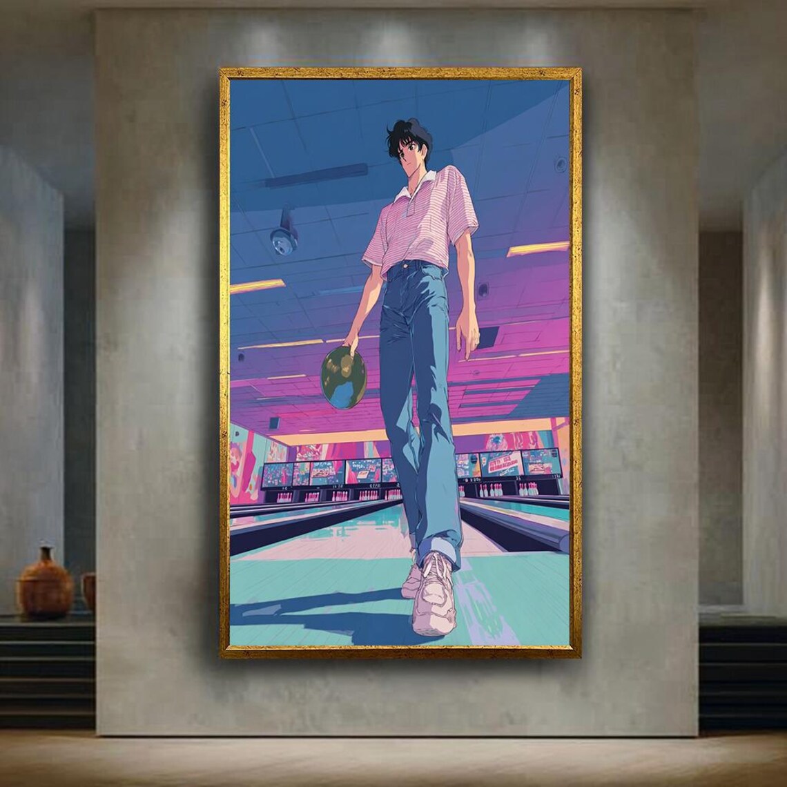 Anime Boy Retro Bowling Alley Neon Night Vaporwave Art Poster