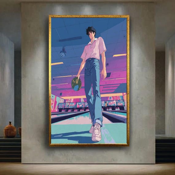 Retro Anime Bowling Canvas Wall Art 80s Vaporwave Style Character Illustration Neon Alley Print For Game Room Or Teen Decor