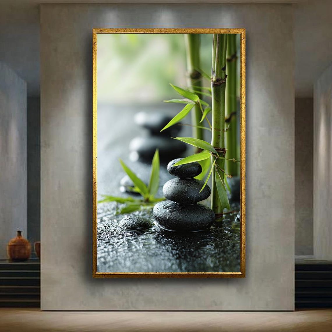Zen Bamboo And Wet Stones Canvas Print Peaceful Nature Wall Art For Meditation Space Spa Room Or Mindful Minimalist Home Decor