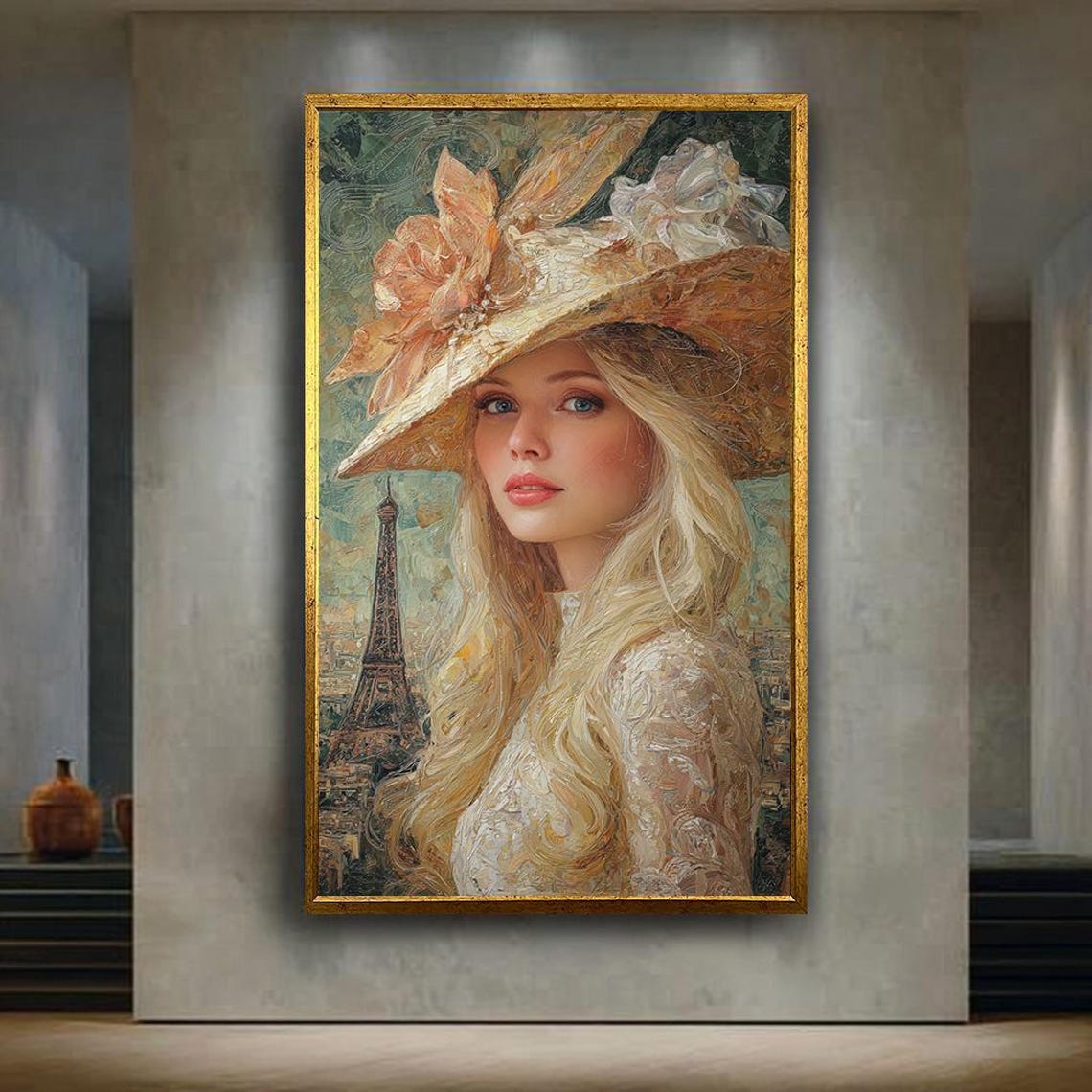 Parisian Woman Portrait with Eiffel Tower Floral Hat Art Poster
