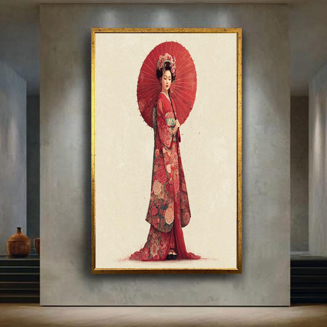 Red Kimono Geisha With Umbrella Japanese Watercolor Art Poster