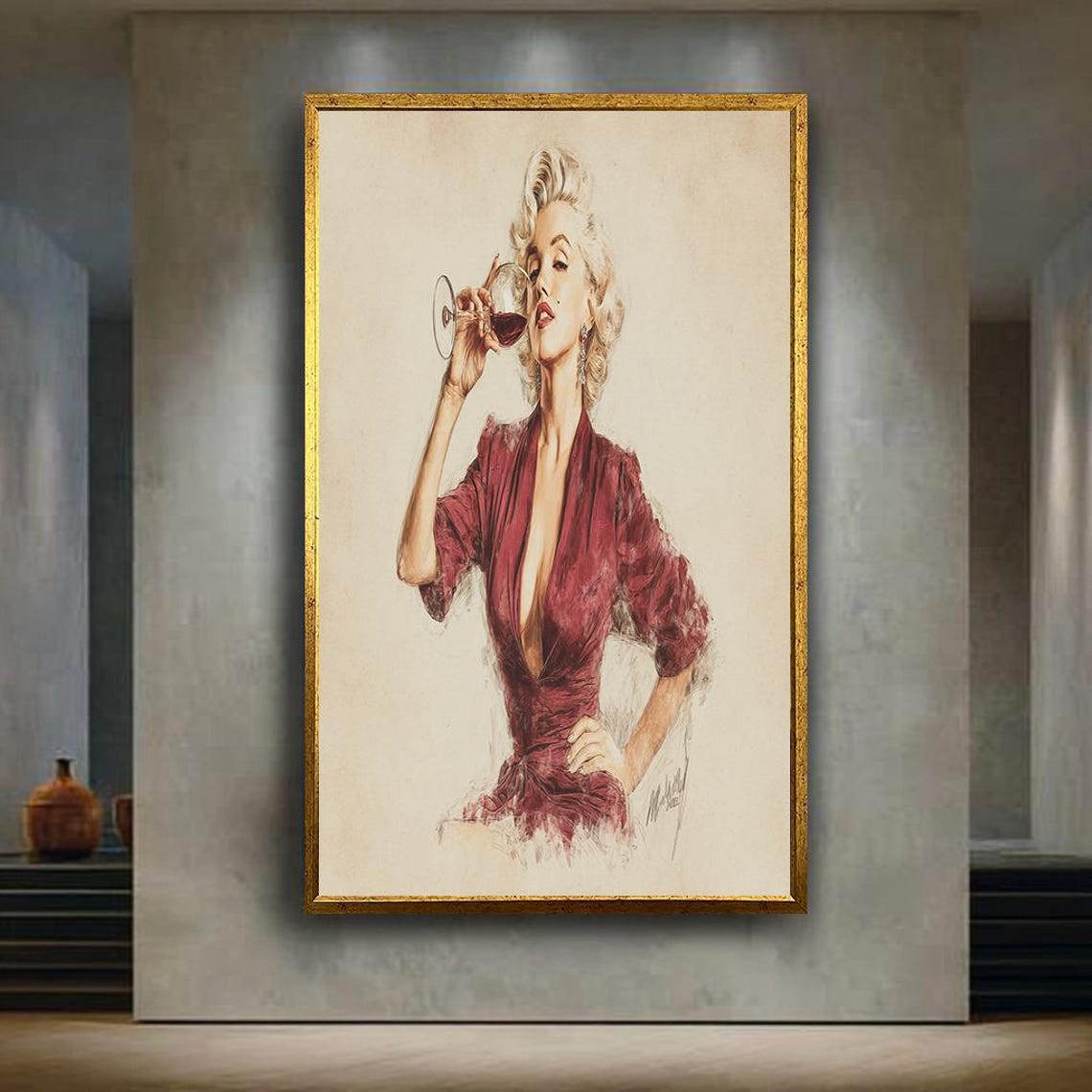 Marilyn Monroe Sipping Wine in Red Dress Vintage Glamour Poster