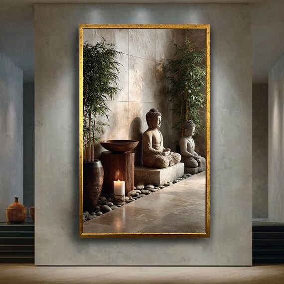 Buddha Zen Meditation Canvas Print Serene Wall Art With Bamboo Stones And Candlelight For Spa Room Yoga Studio Or Tranquil Home Decor