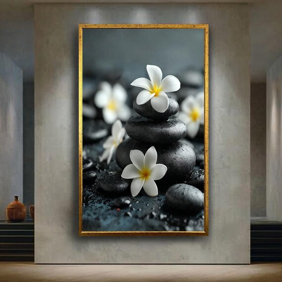 Zen Spa Canvas Wall Art With White Plumeria Flowers On Wet Black Stones Serene Wellness Print For Bathroom Or Massage Studio Decor