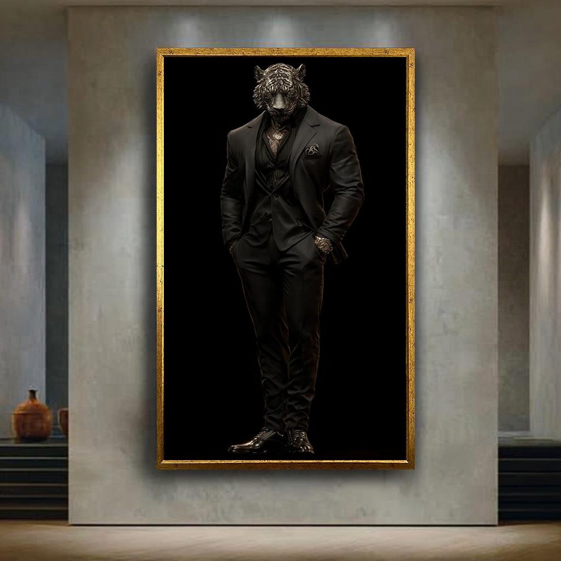 Tiger Headed Man In Black Suit Surreal Fashion Portrait Poster