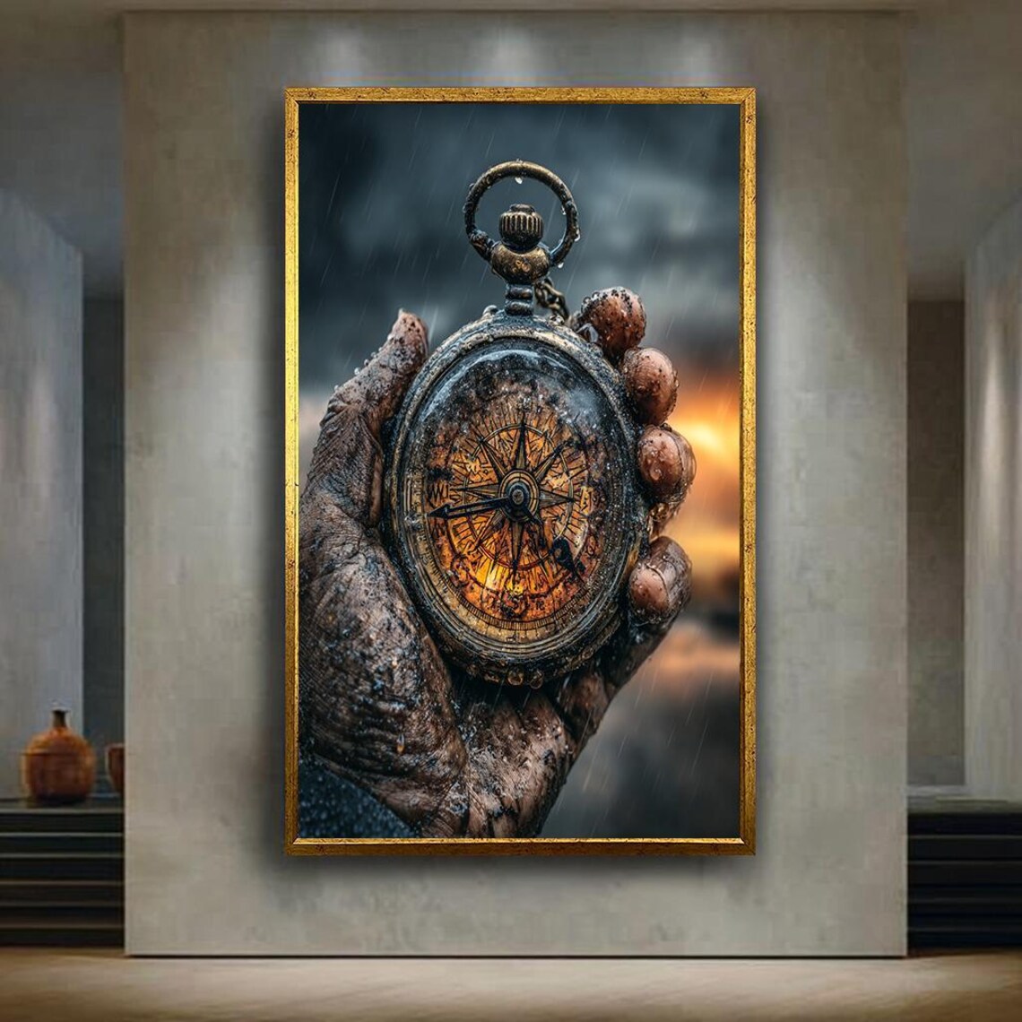 Muddy Hand Holding Antique Compass in Stormy Rain Adventure Poster