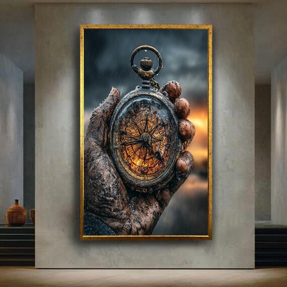 Muddy Hand Holding Antique Compass in Stormy Rain Adventure Poster