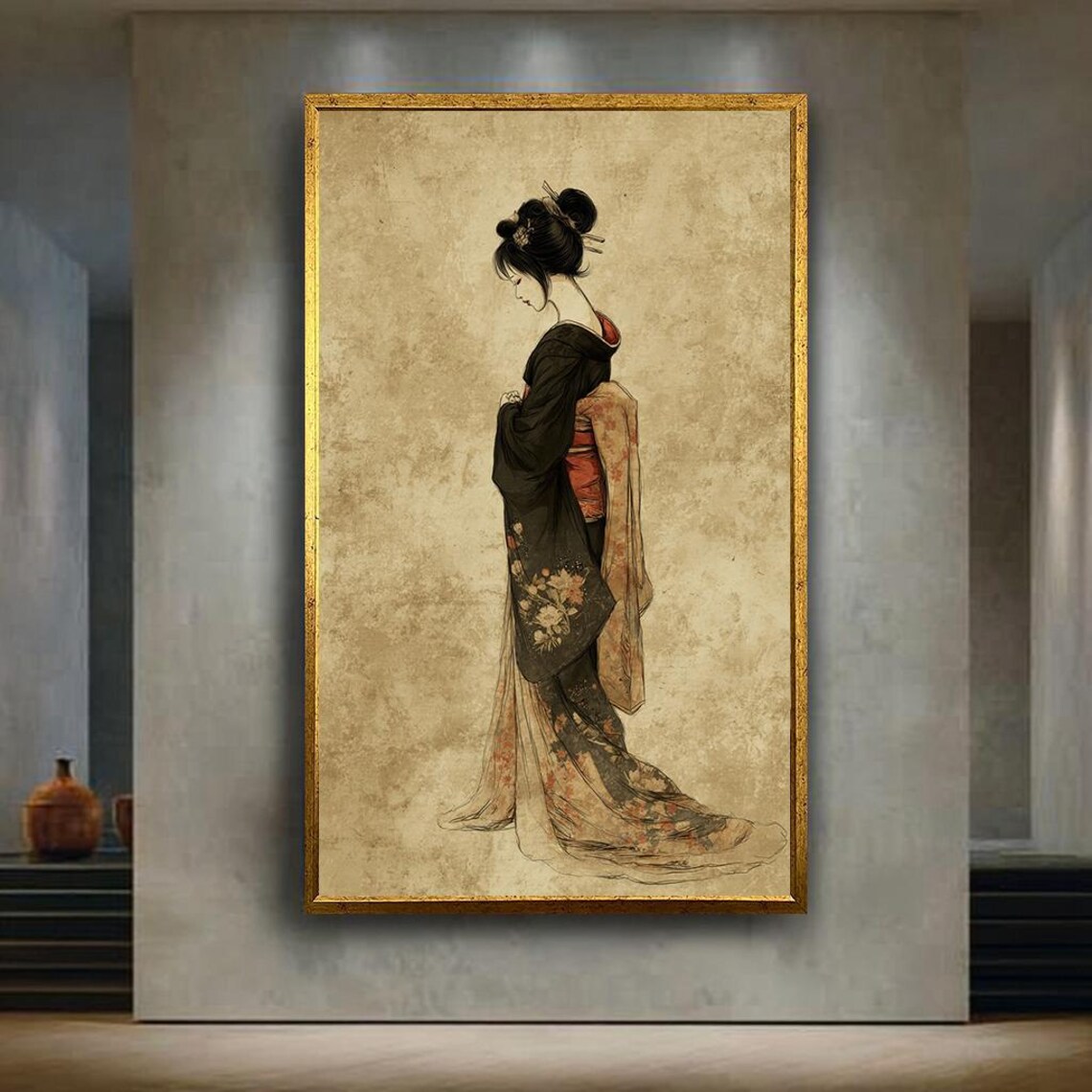 Japanese Woman in Floral Kimono Art Print