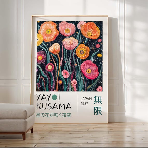Yayoi Kusama Inspired Flower Poster Stars Blooming In The Night Sky Art Psychedelic Floral Dots Wall Decor For Bold Interiors
