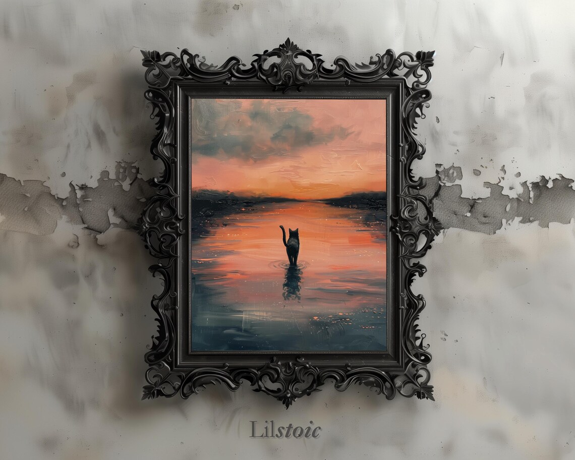 Black Cat Walking On Water, Gothic Dark Academia Art Print