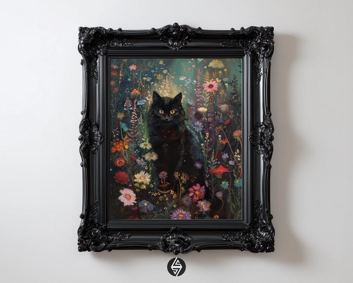 Black Cat Floral Print, Dark Academia Gothic Art