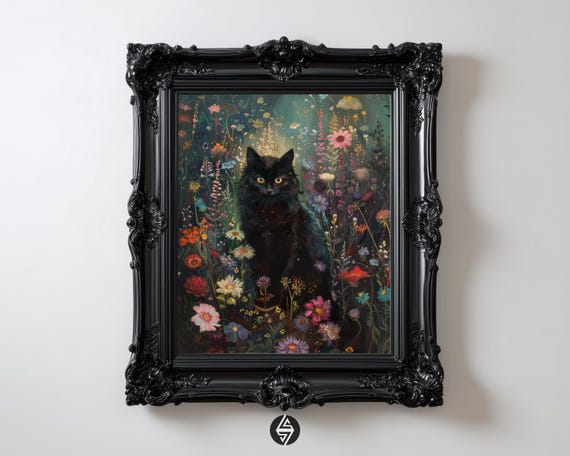 Black Cat Floral Print, Dark Academia Gothic Art