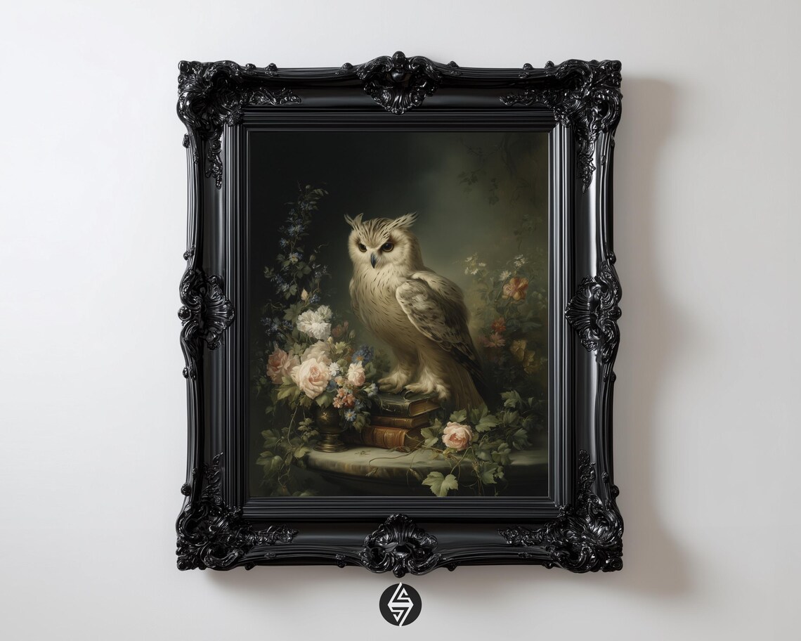 White Owl On Antique Books Roses Dark Academia Scholar Bird Poster