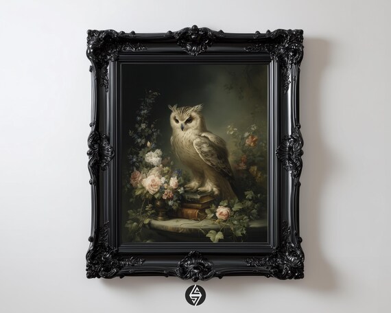 Owl On Books Print Dark Academia Wall Art Gothic Floral Still Life Scholar Bird Painting Vintage Botanical Decor Victorian 67